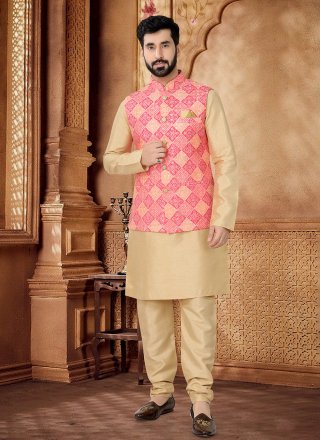 Gold and Peach Cotton Embroidered, Sequins and Thread Work Kurta Payjama with Jacket for Men