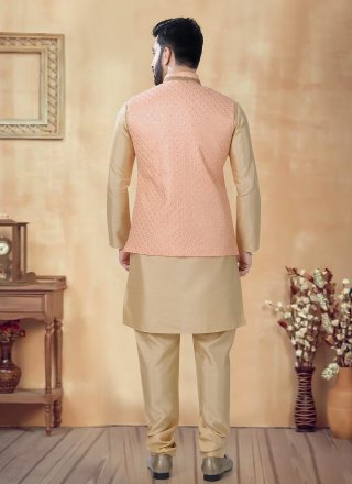 Gold and Peach Silk Kurta Payjama with Jacket with Embroidered, Lace, Sequins and Thread Work for Men