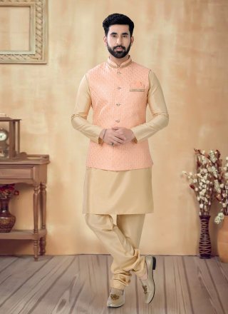 Gold and Peach Silk Kurta Payjama with Jacket with Embroidered, Lace, Sequins and Thread Work for Men