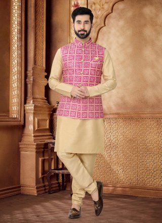 Gold and Pink Cotton Kurta Payjama with Jacket