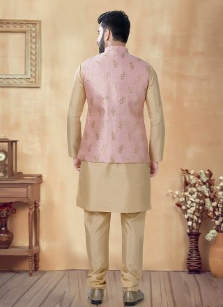 Gold and Pink Silk Kurta Payjama with Jacket with Sequins and Thread Work for Men