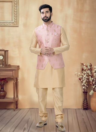 Gold and Pink Silk Kurta Payjama with Jacket with Sequins and Thread Work for Men