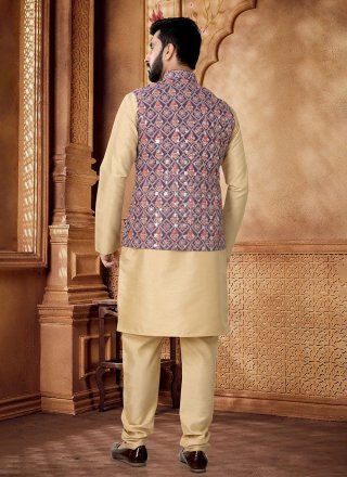 Gold and Purple Embroidered, Sequins and Thread Work Cotton Kurta Payjama with Jacket