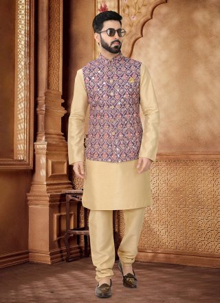 Gold and Purple Embroidered, Sequins and Thread Work Cotton Kurta Payjama with Jacket