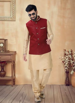 Gold and Red Silk Kurta Payjama with Jacket