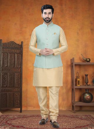 Gold and Sea Green Silk Print Work Kurta Payjama with Jacket