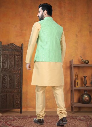 Gold and Sea Green Silk Sequins and Thread Work Kurta Payjama with Jacket for Men