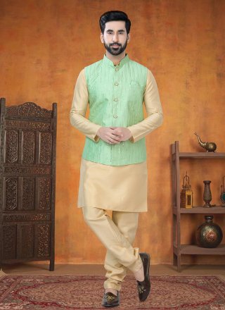 Gold and Sea Green Silk Sequins and Thread Work Kurta Payjama with Jacket for Men