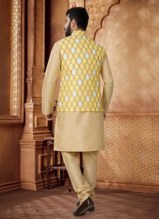 Gold and Yellow Cotton Embroidered, Sequins and Thread Work Kurta Payjama with Jacket for Ceremonial