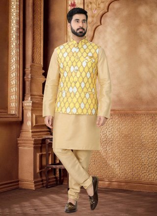 Gold and Yellow Cotton Embroidered, Sequins and Thread Work Kurta Payjama with Jacket for Ceremonial