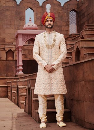 Gold Art Silk Embroidered, Hand and Thread Work Sherwani Mens Wear for Ceremonial