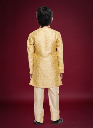 Gold Banarasi Jacquard Fancy Work Sherwani Kids Wear for Ceremonial