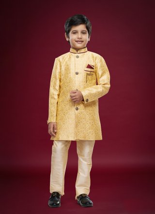Gold Banarasi Jacquard Fancy Work Sherwani Kids Wear for Ceremonial