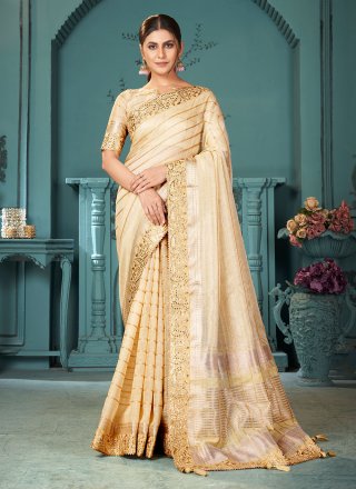 Gold Cotton Classic Sari with Sequins Work for Ceremonial