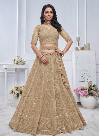 Gold Embroidered, Sequins and Zari Work Net A - Line Lehenga Choli