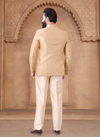 Gold Jacquard Jodhpuri Suit with Print Work