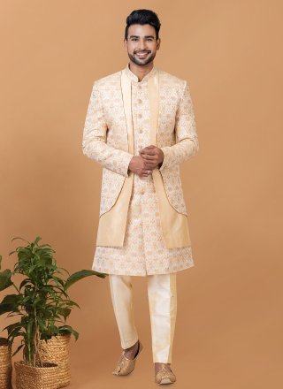 Gold Jacquard Silk Indo Western with Jacquard Work