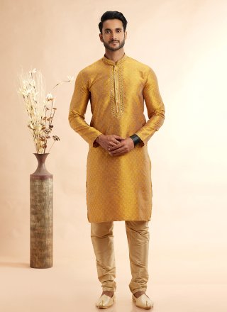 Gold Jacquard Silk Machine Embroidery and Mirror Work Kurta Pyjama