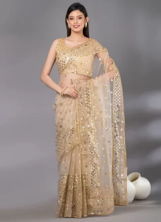 Gold Net Embroidered and Sequins Work Trendy Saree