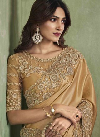 Gold Patch Border, Embroidered and Sequins Work Satin Contemporary Sari
