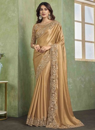 Gold Patch Border, Embroidered and Sequins Work Satin Contemporary Sari