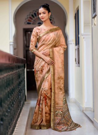 Pure tussar silk saree beige with floral prints & mirror work and cut –  Cherrypick