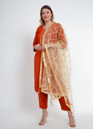 Gota and Lace Work Rayon Pant Style Suit In Orange
