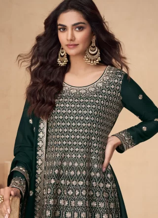 Graceful Green and Teal Chinon Palazzo Salwar Suit with Embroidered, Sequins and Zari Work
