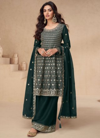Graceful Green and Teal Chinon Palazzo Salwar Suit with Embroidered, Sequins and Zari Work