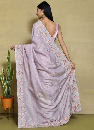 Grandiose Lavender Satin Silk Classic Sari with Embroidered Work