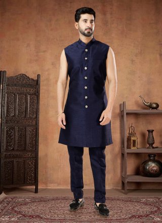 Green and Blue Jacquard Indo Western with Embroidered, Jacquard and Thread Work