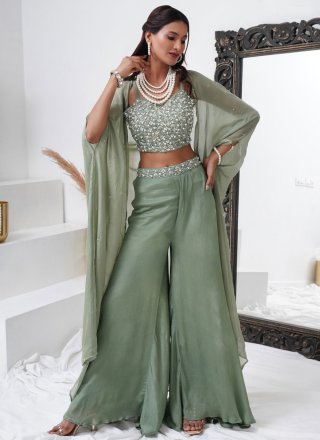 Green and Grey Chinon Embroidered, Hand, Moti, Sequins and Thread Work Readymade Salwar Suit