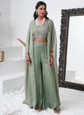 Green and Grey Chinon Embroidered, Hand, Moti, Sequins and Thread Work Readymade Salwar Suit