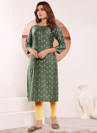 Green and Grey Viscose Buttons and Print Work Casual Kurti