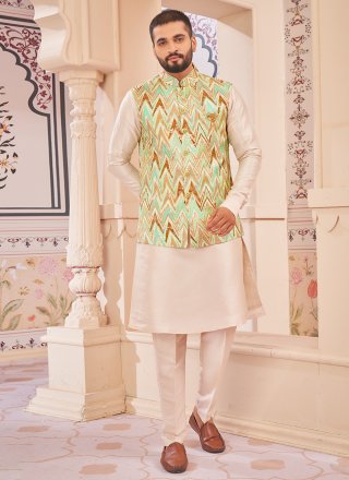 Green and Multi Colour Brocade Kurta Payjama with Jacket