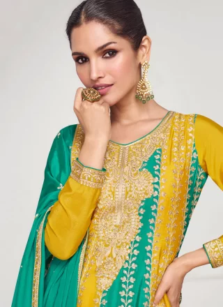 Green and Mustard Chinon Embroidered Work Salwar Suit for Engagement