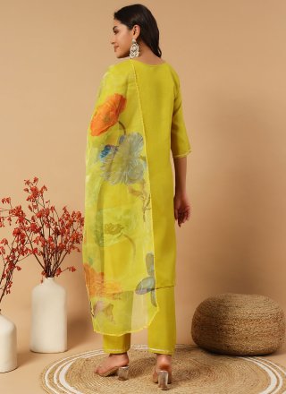 Green and Mustard Cotton Embroidered and Zari Work Salwar Suit for Casual