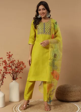 Green and Mustard Cotton Embroidered and Zari Work Salwar Suit for Casual