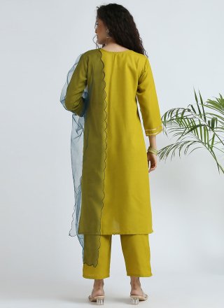 Green and Mustard Cotton Readymade Salwar Suit with Embroidered Work for Casual