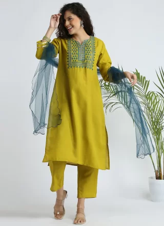 Green and Mustard Cotton Readymade Salwar Suit with Embroidered Work for Casual