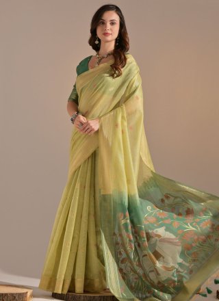 Green and Mustard Cotton Thread and Woven Work Traditional Saree