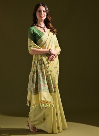 Green and Mustard Cotton Trendy Saree with Thread and Woven Work for Women