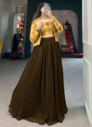 Green and Mustard Crush Readymade Lehenga Choli with Plain and Print Work for Ceremonial