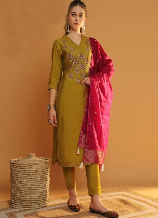 Green and Mustard Embroidered Work Silk Salwar Suit