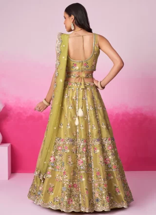 Green and Mustard Net Embroidered and Sequins Work Lehenga Choli for Engagement