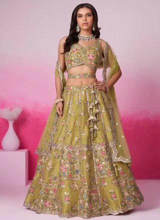 Green and Mustard Net Embroidered and Sequins Work Lehenga Choli for Engagement