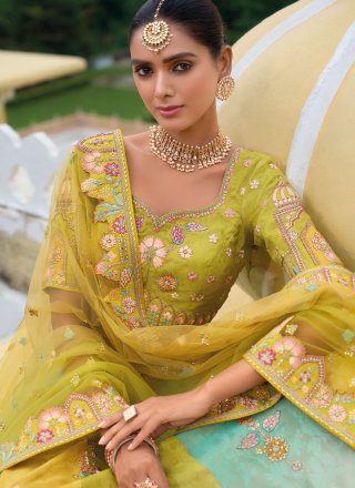 Green and Mustard Silk Embroidered, Khatli and Stone Work Lehenga Choli