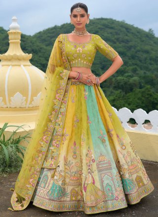 Green and Mustard Silk Embroidered, Khatli and Stone Work Lehenga Choli