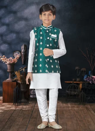 Green and Off White Dupion Silk Kurta Payjama with Jacket with Thread Work for Festival