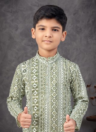 Green and Off White Rayon Digital Print and Embroidered Work Kurta Pyjama